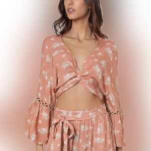 Agua Bendita Resort Angie Manila Floral Print Cropped Tie Bell Sleeve Top NWT S